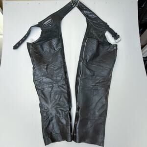 UNIK Leather Apparel Black Leather Motorcycle Riding Chaps XL Zip Front Halter